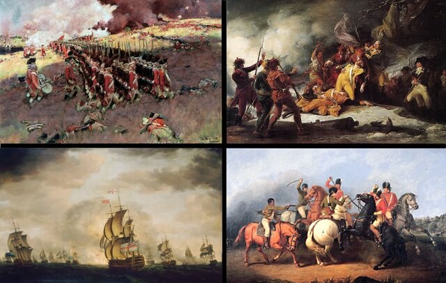 左上から時計周りに: バンカーヒルの戦い、ケベックの戦いにおけるリチャード・モントゴメリー将軍の死、カウペンスの戦い、サン・ビセンテ岬の月光の海戦