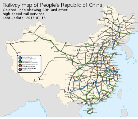 中国の高速鉄道路線網　from Wikipedia
