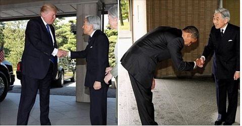 天皇陛下に挨拶するトランプ大統領とオバマ大統領の比較