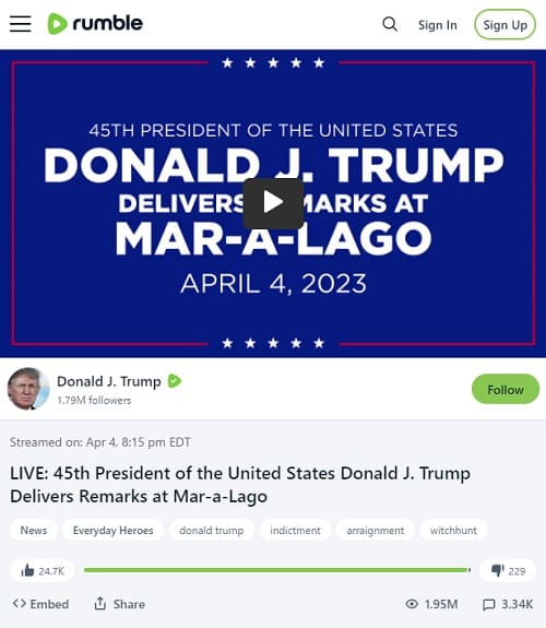 2023年4月4日 rumble@Donald J. Trumpへのリンク画像です。